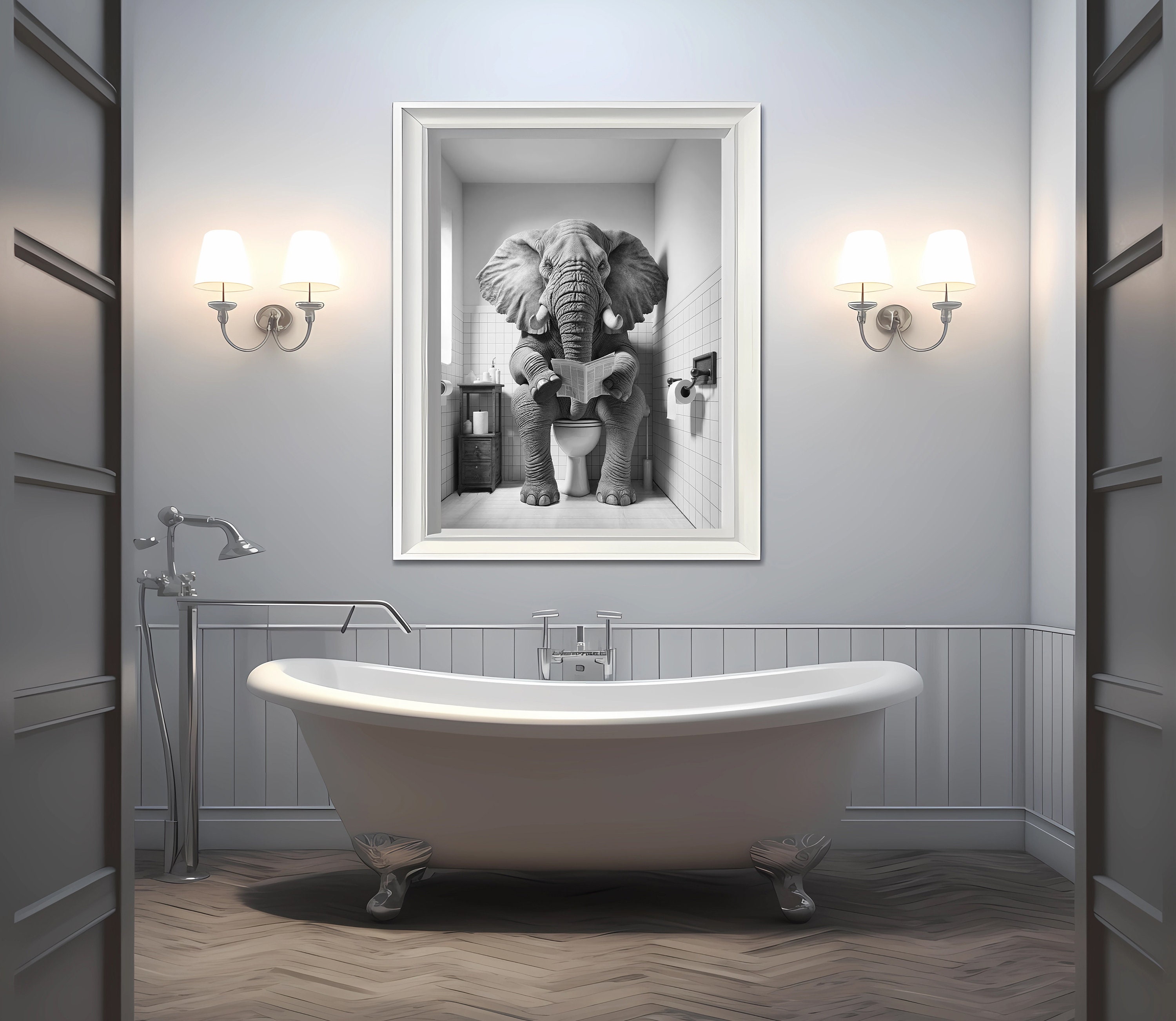African Elephant Wall Art, Funny Bathroom Print, Elephant in Toilet ...