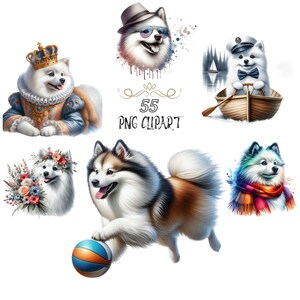 Amerikaanse Eskimohond clipart, aquarel hond clipart, bundelset, Amerikaanse eskimohond png, kaarten maken, hoge kwaliteit png, junkjournaling