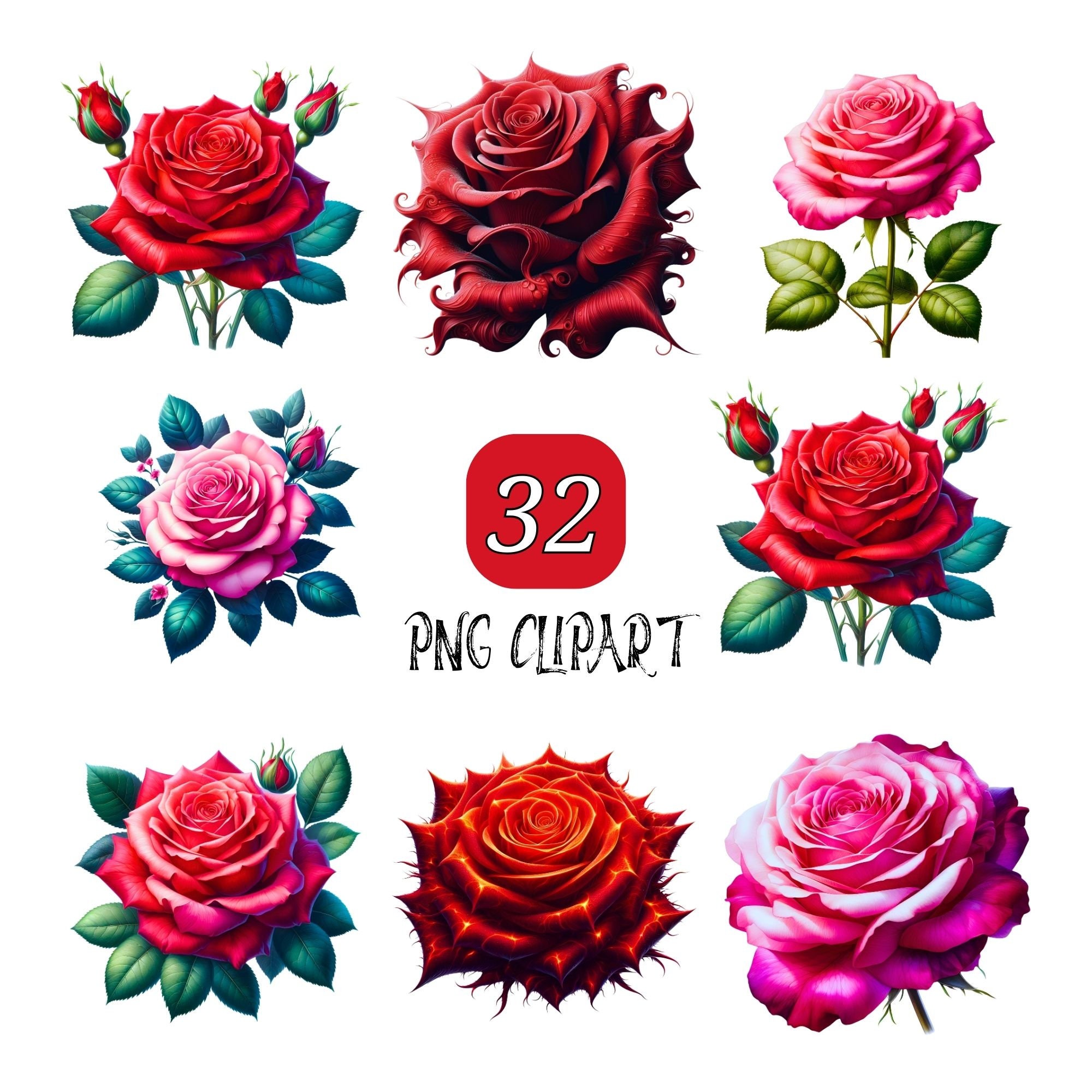 32 Rose Clipart, High Quality PNG, Watercolor Clipart, Digital download,  Rose Wall Art, High resolution, Rose Gift, Pink Rose Clipart