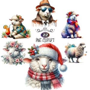 Clipart di pecore ad acquerello, 22 Clipart Bundle, creazione di biglietti, PNG di pecore di Natale, sublimazione di animali, illustrazione di pecore, diario di spazzatura