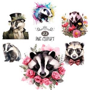 Badger Clipart, Watercolor Badger Clipart, Badger PNG, Card Making, Clipart Bundle, Animal Sublimation, , High Quality PNG, Junk Journaling