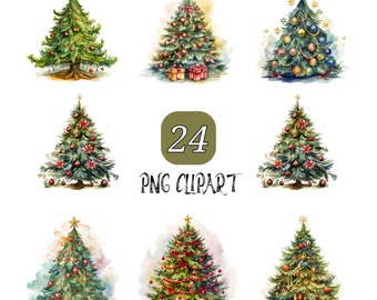 Ornately Decorated Christmas Tree Clipart, Watercolor Tree Clipart, High Quality PNG, Christmas Tree Clipart, Digital Download, Tree Png