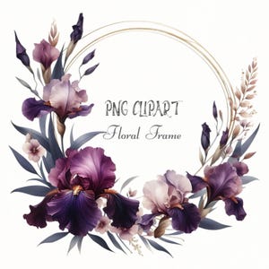 Moldura de íris vintage clipart, borda de íris roxa aquarela, moldura floral clássica, clipart de detalhes dourados sutis, clipart de casamento, flores png