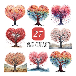27 Clipart d'arbre coeur ondulé, arbre des cliparts, PNG de haute qualité, des cliparts aquarelle, téléchargement numérique, usage commercial, haute résolution