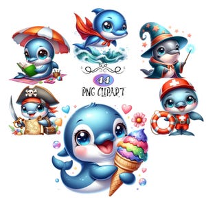 44 Cute Dolphin Clipart PNG Bundle, Watercolor Dolphin Clipart, Ocean Animal Art, Baby Dolphin PNG, Digital Download, Commercial Use