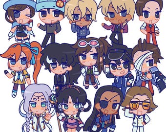 May include: A collection of chibi-style character illustrations, each with unique outfits and expressions. The characters are diverse, with varying hairstyles, accessories, and clothing, including hats, glasses, and formal wear. The overall color palette is bright and playful.