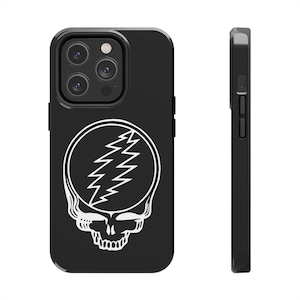May include: Black phone case with a white Grateful Dead Steal Your Face logo. The case has a raised camera bump and a black side.