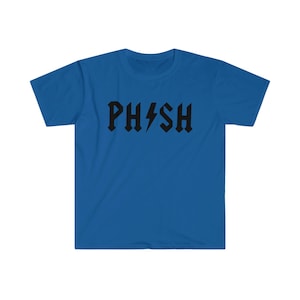 May include: A royal blue t-shirt with a black graphic of the word "PHISH" in a stylized font with a lightning bolt in the middle.
