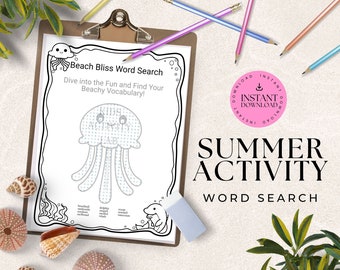 ビーチワードサーチパズルの印刷物、子供向けの夏のアクティビティの印刷物、クラゲのぬり絵ワードサーチゲーム、夏の海パーティーゲーム