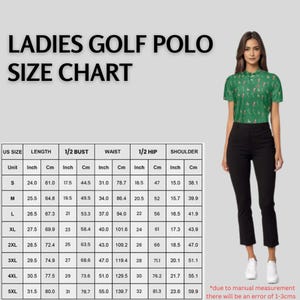Size chart table for women's golf polo alongside a model wearing the shirt and black pants.