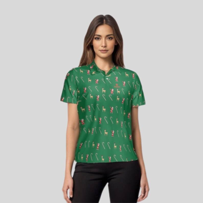 Waist-up view of a model wearing the green Christmas pattern golf polo shirt.