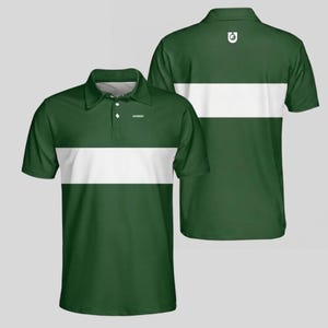 Front and back of a dark green men's golf polo with a white chest stripe, white Unanimous Golf chest logo and golf ball emblem below the back collar.