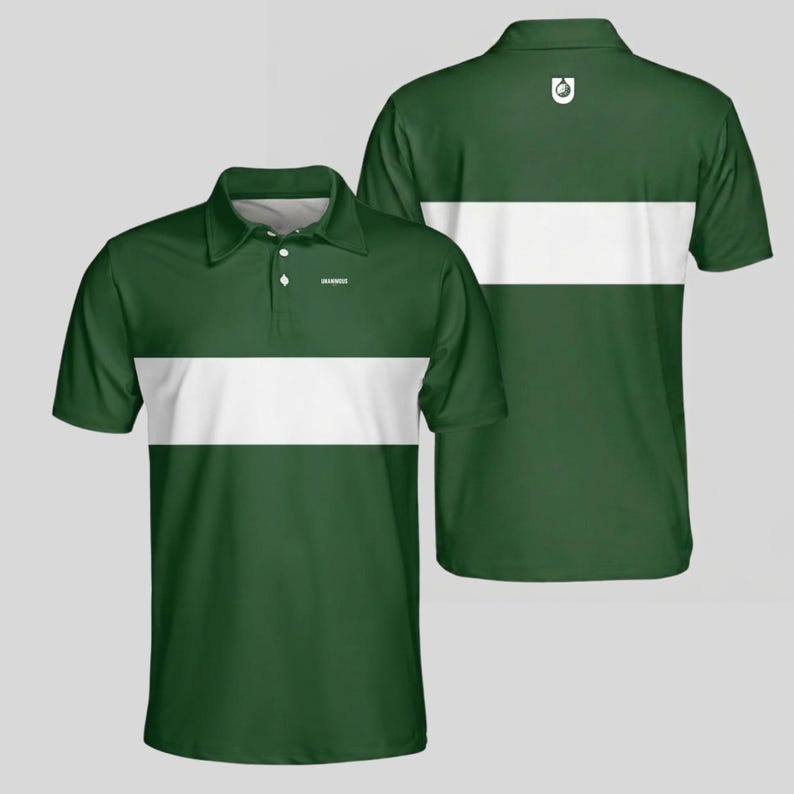Front and back of a dark green men's golf polo with a white chest stripe, white Unanimous Golf chest logo and golf ball emblem below the back collar.