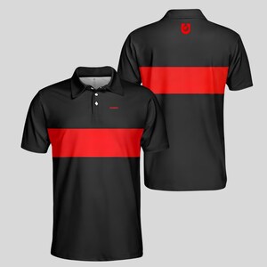 Front and back of a black men's golf polo with a red chest stripe, red Unanimous Golf chest logo and red golf ball emblem below the back collar.