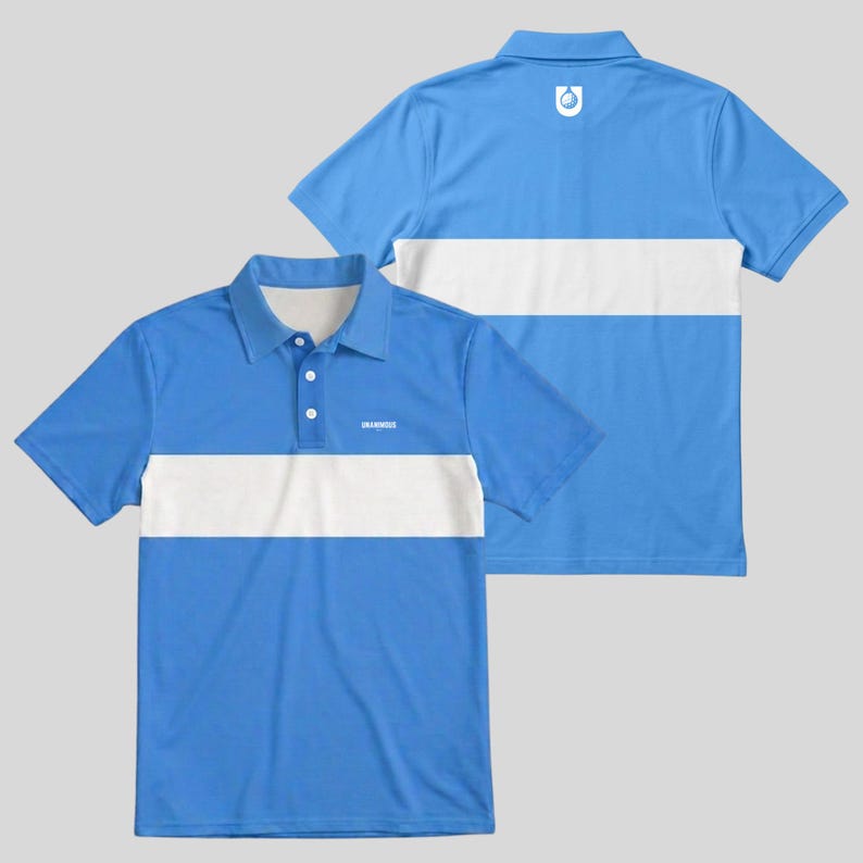 Front and back of a powder blue men's golf polo with white chest stripe, chest logo and white golf ball emblem below the back collar.