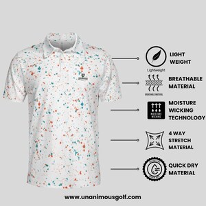 White golf polo shirt next to icons and text highlighting lightweight, breathable, moisture-wicking, 4-way stretch, and quick-dry properties.