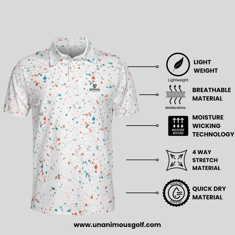 White golf polo shirt next to icons and text highlighting lightweight, breathable, moisture-wicking, 4-way stretch, and quick-dry properties.