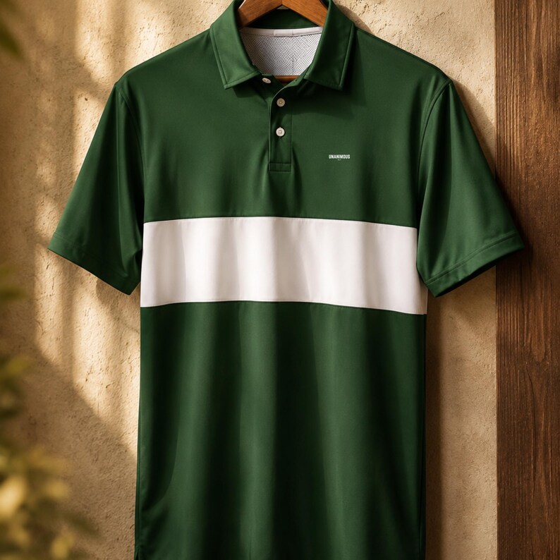 Dark green and white striped golf polo hanging on a wooden hanger against a sunlit textured wall with dappled shadows.