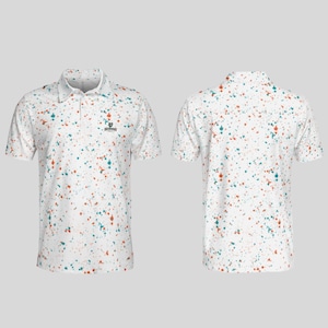 Front and back views of a white polo shirt featuring an orange and teal paint splatter print.