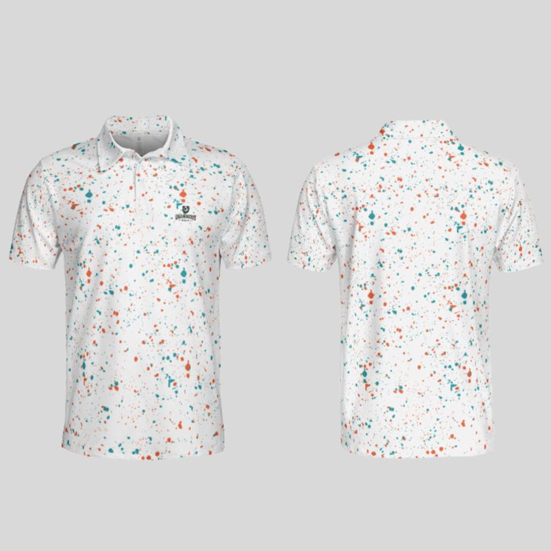 Front and back views of a white polo shirt featuring an orange and teal paint splatter print.