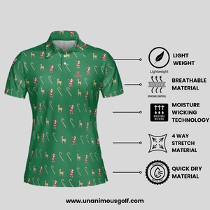 Green golf polo next to bullet points detailing lightweight, breathable, moisture-wicking, 4-way stretch, and quick-dry material.