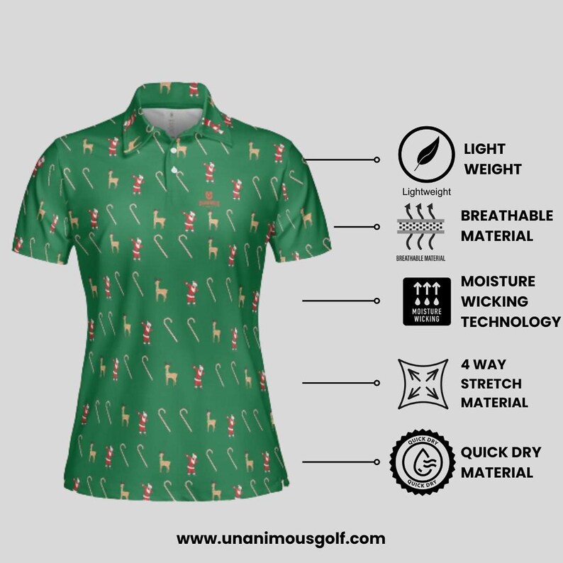 Green golf polo next to bullet points detailing lightweight, breathable, moisture-wicking, 4-way stretch, and quick-dry material.