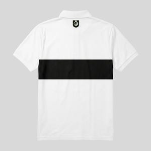 Flat lay back view of a white men's golf polo with a black chest stripe and dark golf ball emblem below the collar.
