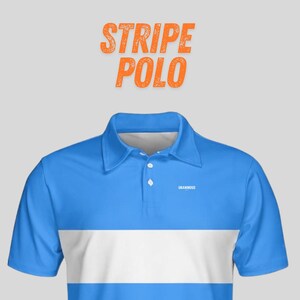 Close-up of a powder blue and white striped golf polo collar and chest, with "Stripe Polo" lettering in orange above.