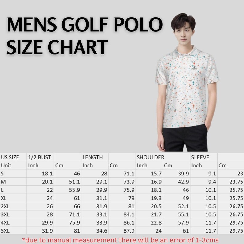 Men's golf polo size chart with numerical measurements in inches and centimeters for various sizes.