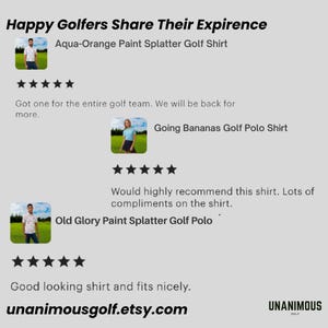 Text graphic showing customer reviews and ratings for various golf shirts.