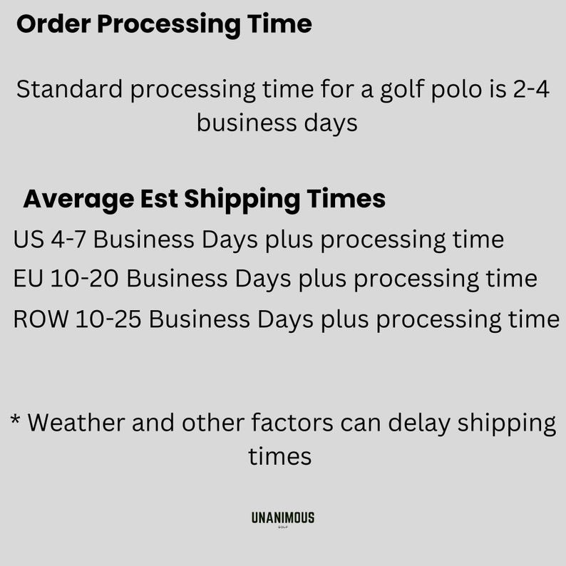 Text displaying order processing and estimated shipping times for the golf polo.
