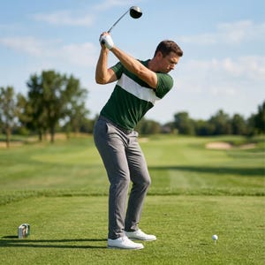 Golfer at the top of his backswing on the tee wearing a Unanimous Golf green and white colour block polo shirt with grey trousers.