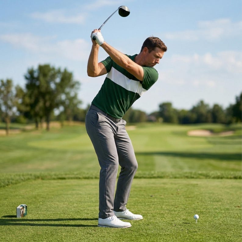 Golfer at the top of his backswing on the tee wearing a Unanimous Golf green and white colour block polo shirt with grey trousers.
