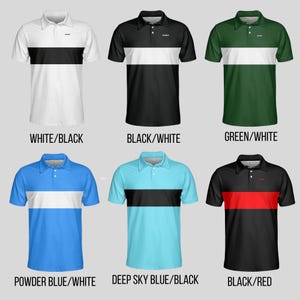 Six short-sleeved golf polos displayed in a two-row grid, each featuring a horizontal color block across the chest and labeled with its color combination below.