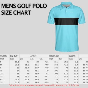 Men's golf polo size chart in inches and centimetres for sizes S to 5XL, listing half bust, length, shoulder and sleeve measurements.