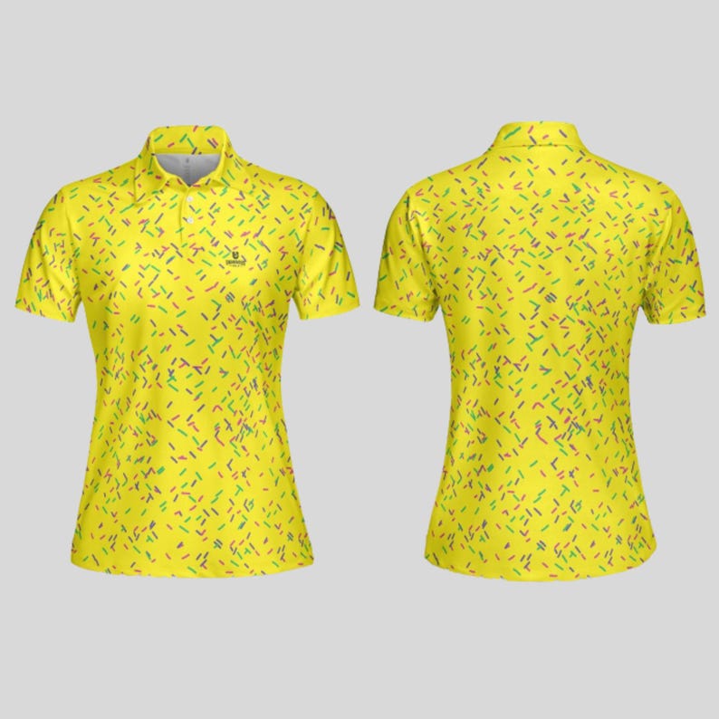 Front and back views of the yellow sprinkle-patterned women's golf polo shirt.