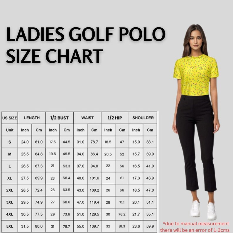 A size chart table for the ladies golf polo alongside a model wearing the shirt and black pants.