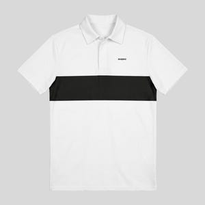 Flat lay front view of a white men's golf polo with a black chest stripe and small black Unanimous Golf logo, on a light grey background.