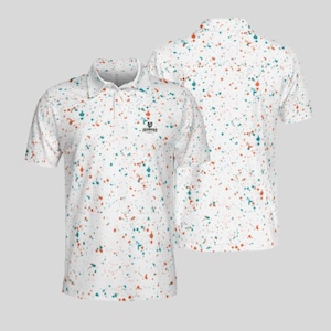 Two views of the white paint splatter polo shirt shown together against a plain background.