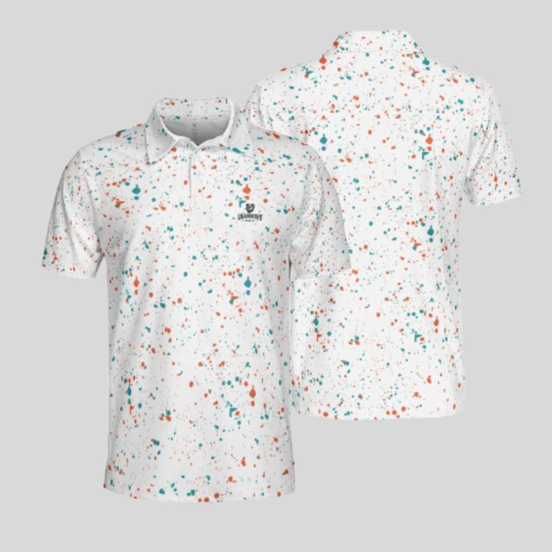 Two views of the white paint splatter polo shirt shown together against a plain background.