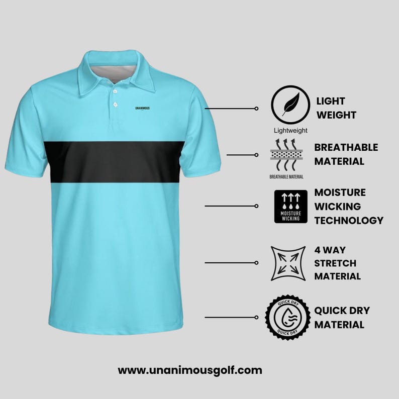 Light blue and black golf polo with labelled features: lightweight, breathable material, moisture wicking technology, four way stretch and quick dry fabric.
