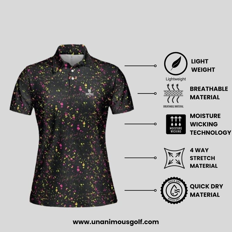 Black paint splatter golf polo shown with graphical feature icons for lightweight, breathable, moisture wicking, stretch, and quick dry properties.