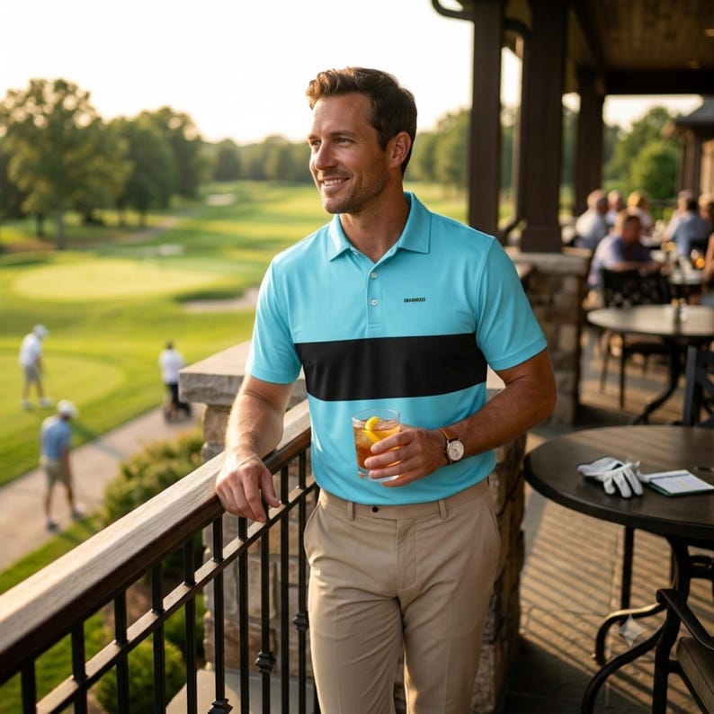 Man wearing a Unanimous Golf deep sky blue and black colour block polo shirt on a clubhouse balcony overlooking the course, holding a drink at sunset.