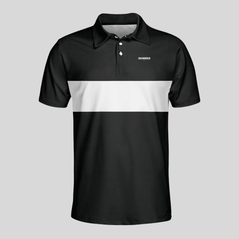 Front view of a black men's golf polo with a wide white chest stripe, three-button placket and small white Unanimous Golf logo on the chest.