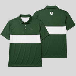 Front and back of a dark green men's golf polo with a white chest stripe, white chest logo and golf ball emblem below the back collar.