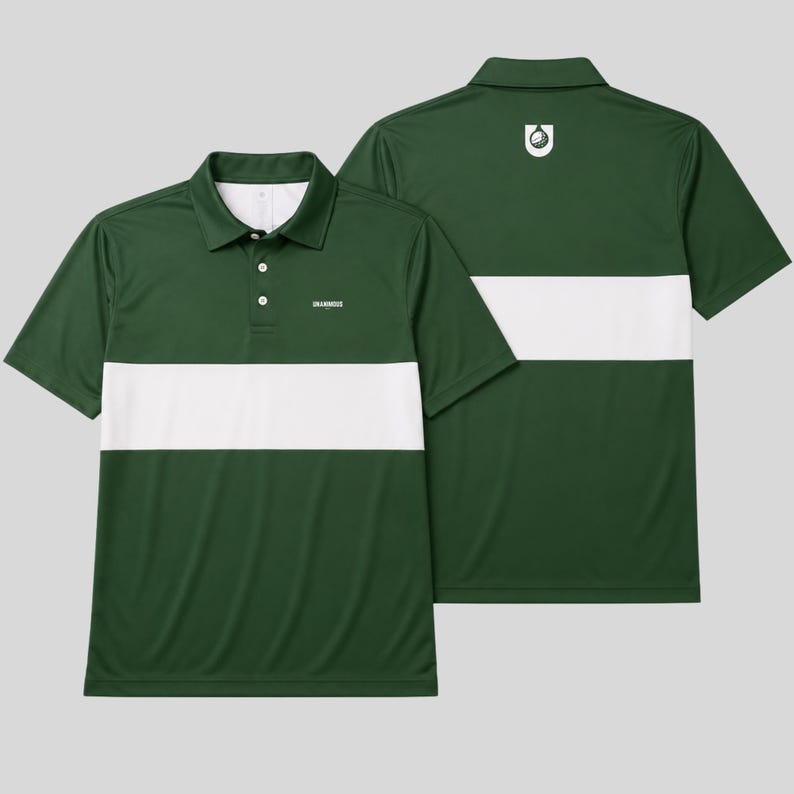 Front and back of a dark green men's golf polo with a white chest stripe, white chest logo and golf ball emblem below the back collar.