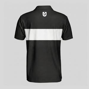 Back view of a black men's golf polo with a white chest stripe and white golf ball emblem printed below the collar.