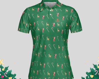Women's Christmas Golf Polo Shirt with Santa Print, 95% Bird-Eye Pique, 5 Spandex