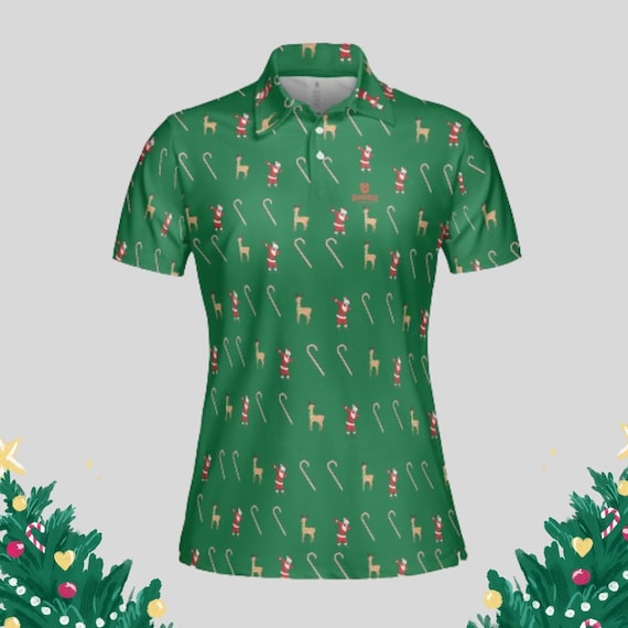 Women's Christmas Golf Polo Shirt with Santa Print, 95% Bird-Eye Pique, 5 Spandex