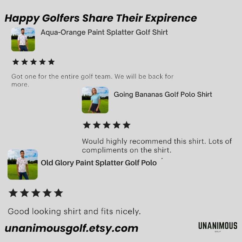 Customer reviews and star ratings for various golf shirts on an Etsy shop page.